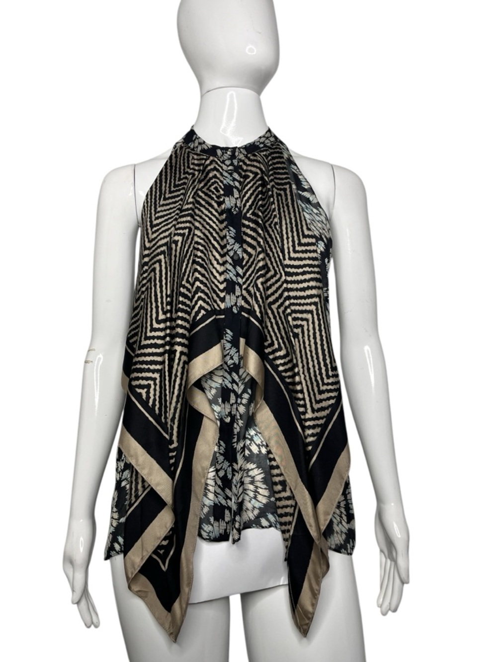 Elizabeth and James Geo Tribal Print Sleeveless Handkerchief Silk Blouse S